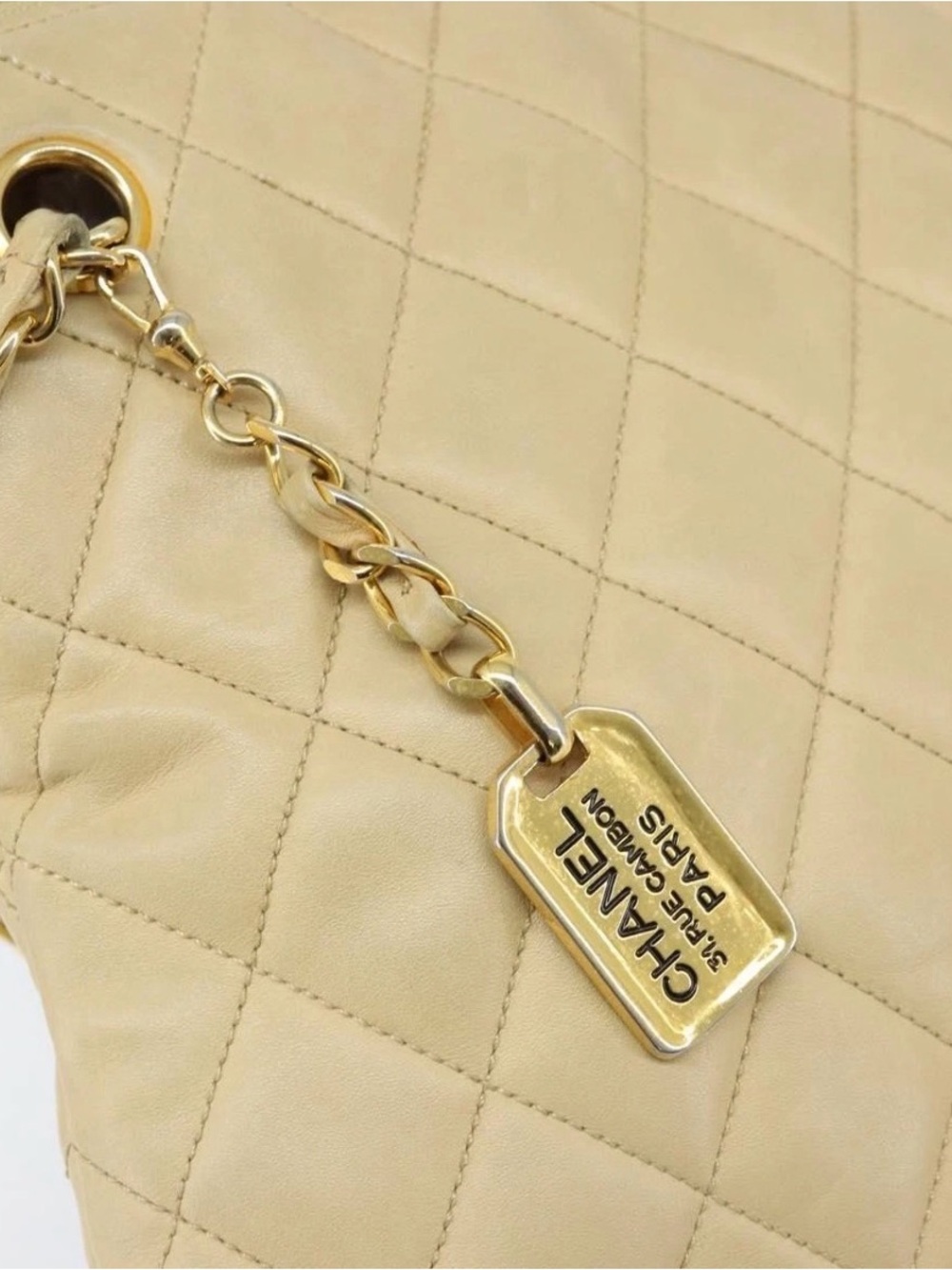 CHANEL Matelasse Chain Shoulder Tote Bag Lamb Skin Beige Gold CC Auth - Picture 10 of 12